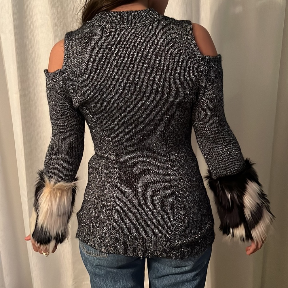 Boston Proper Black & White Cold-Shoulder Sweater with Faux Fur Cuffs - Picture 4 of 4